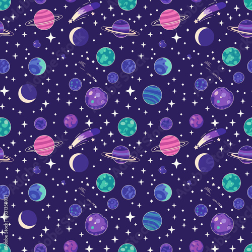 Cosmic galaxy space seamless pattern with planets stars moon in purple blue pink for celestial universe astronomical fabric textile design