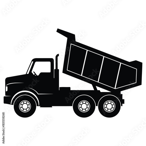Black silhouette of a dump truck with its bed raised, ready to unload material, isolated on a white background.