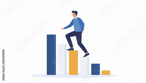 Conceptual illustration of an individual ascending a bar graph, denoting strategic business growth, personal career advancement, and the pathway to achieving milestones and success