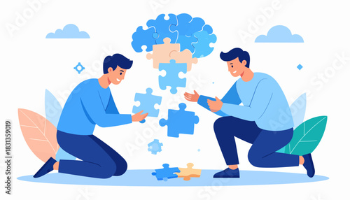 Dynamic illustration of men working together to construct a brain puzzle, symbolizing collaborative problem-solving, innovative thinking, and shared mental development