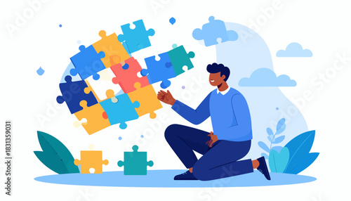 Solving the Puzzle Man Completing a Jigsaw Illustration