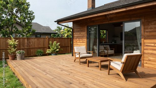 Outdoor relaxation on wooden deck residential backyard photography greenery wide angle comfort and style
