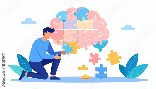 Man Assembling Brain Puzzle A Conceptual Illustration of Mental Health and Problem-Solving