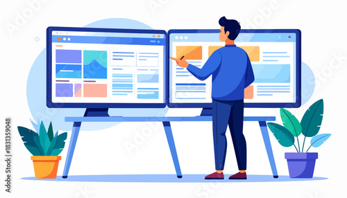 Professional Developer Working on Dual Monitors, Managing Digital Content and Optimizing Web Interfaces for Enhanced Productivity and Data Analysis