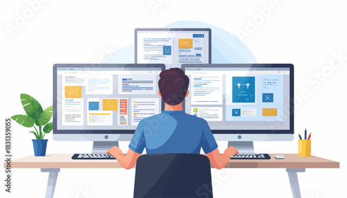 Rear view of a software developer or web designer at a desk with three monitors, creating a user interface. Concept of programming, coding, and modern workplace workflow