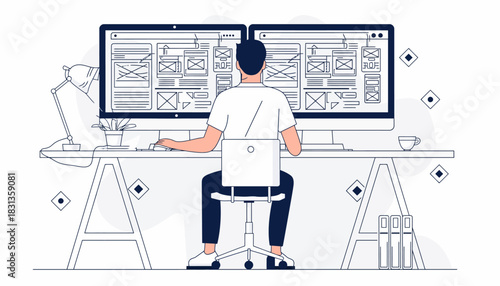 A UI/UX designer seen from behind, meticulously crafting a website wireframe on a dual monitor computer setup