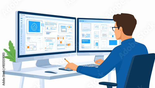 Professional focused on UI/UX design and web development on dual monitors, illustrating modern digital product creation and efficient technology workflow
