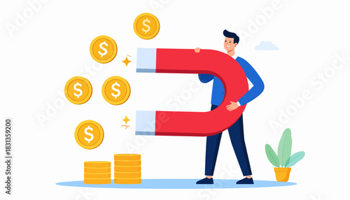 Dynamic illustration of an entrepreneur skillfully attracting golden coins with a magnet, symbolizing financial growth, successful investment, and wealth generation through smart strategies