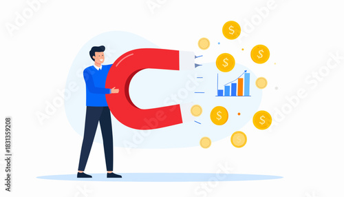 Business Growth Concept Magnet Attracting Coins and Positive Financial Chart