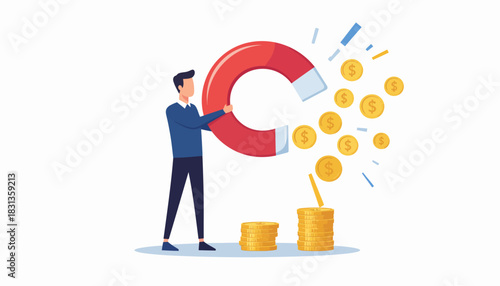 Attracting Wealth A man drawing coins with a magnet, symbolizing financial growth and investment success