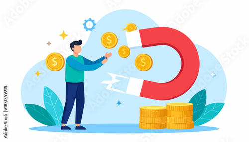 Man attracting coins with a horseshoe magnet symbolizing financial growth and investment opportunities