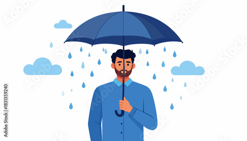 A man confidently standing under a blue umbrella in the rain, illustrating protection, resilience, and a composed approach to navigating life's uncertainties and challenges