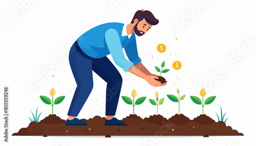 Investing in Growth Man Planting Seeds of Success with Currency