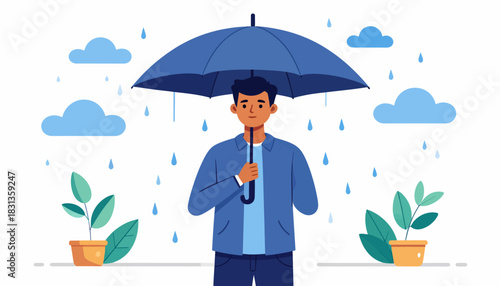 Vector illustration portraying a person under a sturdy blue umbrella in the rain, symbolizing a proactive approach to safety, personal security, and protection from life's challenges