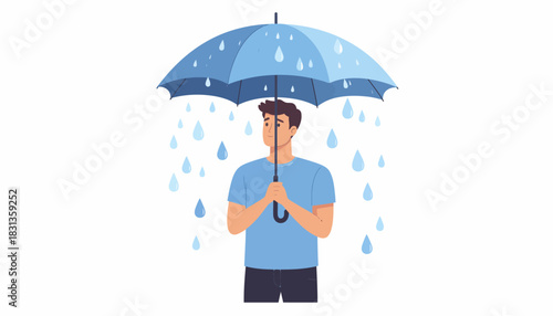 Man Under Umbrella in Rain Protection and Weather Concept