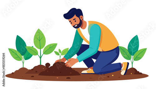 Enthusiastic man kneeling to plant a small tree in fertile soil, illustrating concepts of gardening, agriculture, and environmental care for a sustainable future and green planet
