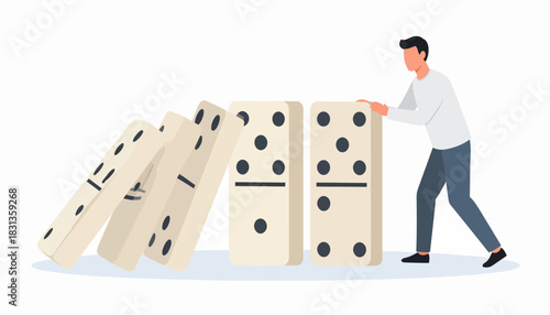 Man pushing dominoes, creating a chain reaction, symbolizing cause and effect or a sequence of events