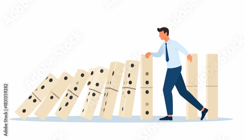 A businessman stops the domino effect, a powerful metaphor for crisis management, strategic intervention, and risk prevention