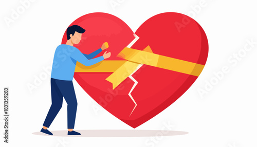 Mending a Broken Heart Illustration of a Man Repairing a Damaged Heart