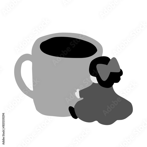 大きなコーヒーカップに寄り添うリボンの女の子のモノクロシルエットイラスト｜可愛い雰囲気のファンタジー風デザイン