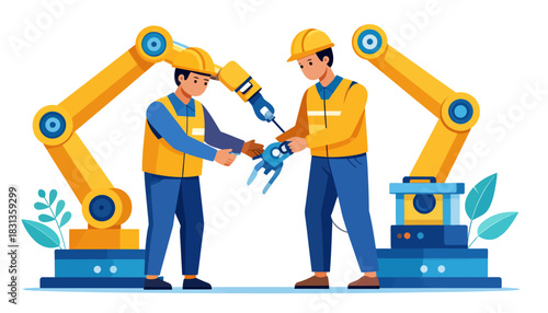 Engineers collaborate with advanced robotic arms, showcasing modern industrial automation and smart technology in a seamless assembly process for enhanced efficiency and future production