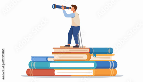 Man observing through a telescope atop books, symbolizing knowledge, research, and exploration of ideas