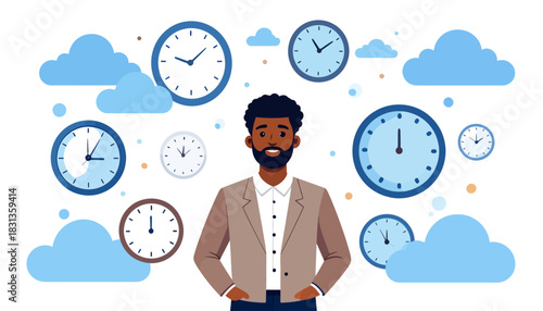 Man surrounded by clocks, representing time management and productivity in business and life
