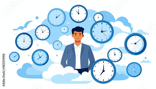 A man surrounded by clocks in the clouds, representing the passage of time and the concept of multitasking or time management