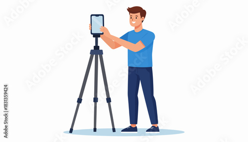 Man recording video with smartphone on tripod