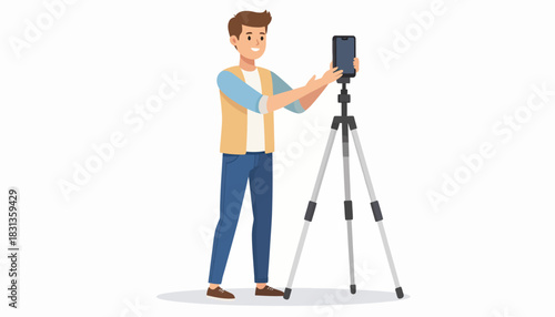 A young man with a smartphone on a tripod records content in a casual setting