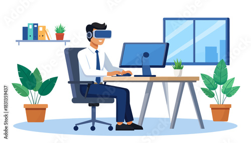 Man wearing a virtual reality headset working on a computer at a desk in an office environment