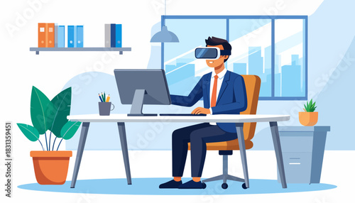 Virtual Reality Office Man Immersed in Tech at Work
