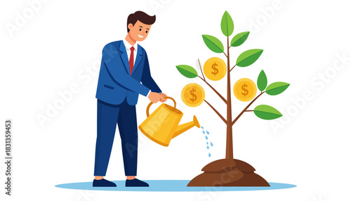 Conceptual illustration of a businessman diligently watering a money tree, representing strategic financial investment, wealth management, and long-term economic growth for prosperity