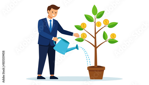 Investor Watering Money Tree Symbol of Growth and Financial Investment