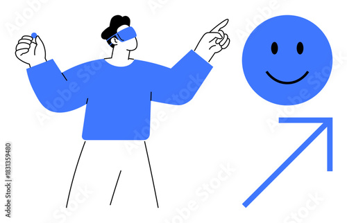 Virtual reality concept. Virtual reality with a human engaging digital elements, happy face, and futuristic arrow. Virtual reality transforming interaction and experiences. Great for tech, digital