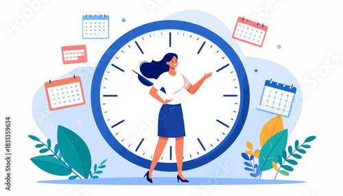 Time Management Concept Businesswoman Adjusting Clock with Calendars and Foliage in Flat Style