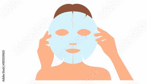 Illustration of a woman applying a cosmetic sheet mask for a facial treatment as part of her daily beauty and skincare routine