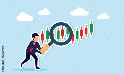 Businessman examining a candlestick chart with magnifying glass showing stock performance analysis