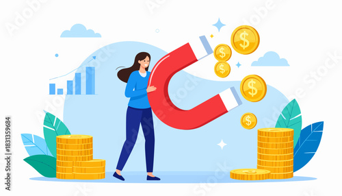 A successful woman uses a giant magnet to attract gold dollar coins, symbolizing a strategy for financial growth, investment, and wealth