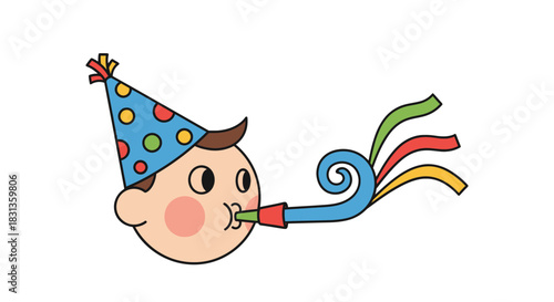 Adorable cartoon character with a dotted party hat joyfully blowing a colorful noisemaker, perfect for celebrating children's birthdays and festive occasions