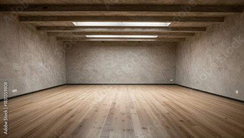 Contemporary design showcase empty room interior space minimalist environment wide-angle view modern aesthetics