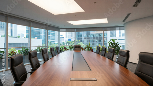 Business meeting setup in modern conference room urban high-rise professional environment wide-angle view