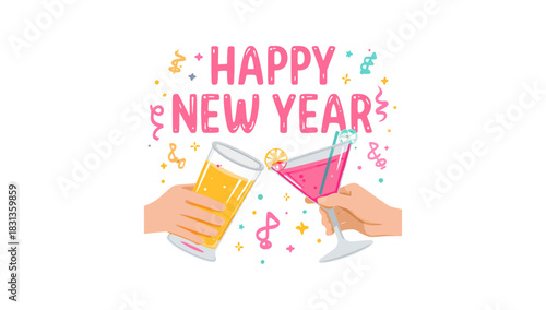 Happy New Year Toast Two Hands Clinking Glasses Filled With Festive Drinks and Confetti
