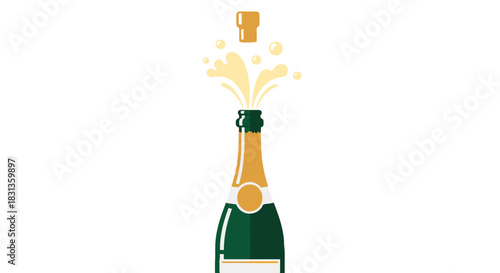 Vibrant illustration of a classic champagne bottle popping open, with effervescent sparkling wine and cork flying, symbolizing celebration, success, and festive events
