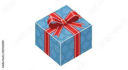 Isometric vector illustration of a blue gift box with a modern hexagonal pattern and a bright red ribbon, symbolizing a surprise present for a celebration