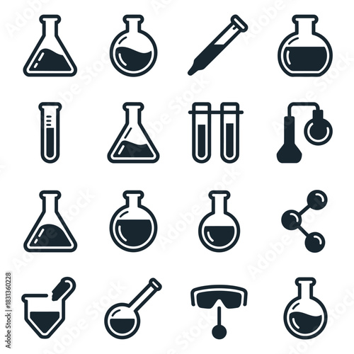 Collection of science laboratory glassware and equipment icons on a white background