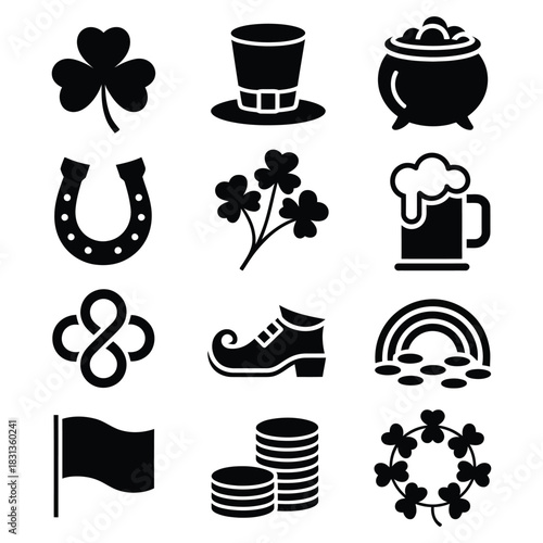 St. patrick's day icons set: clover, pot of gold, horseshoe, beer, rainbow