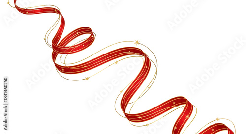 An elegant red ribbon with shimmering gold threads gracefully swirling and curling in a festive design element isolated on a white background