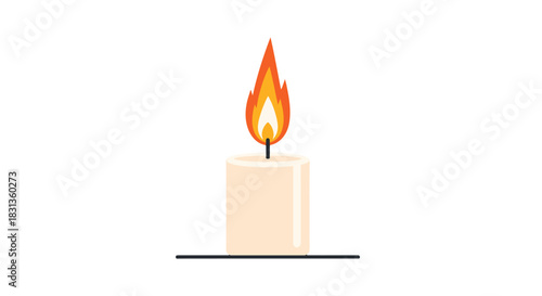 A simple vector illustration of a single lit wax candle with a bright orange and yellow flame, isolated on a clean white background