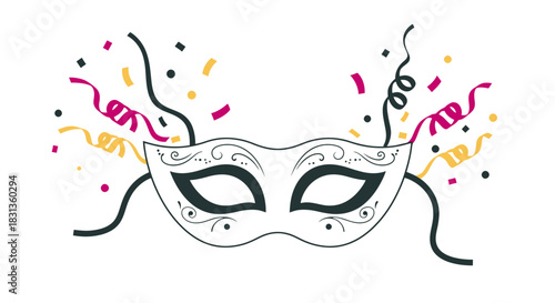 Elegant Venetian mask adorned with colorful confetti and streamers, perfect for masquerade parties and festive celebrations